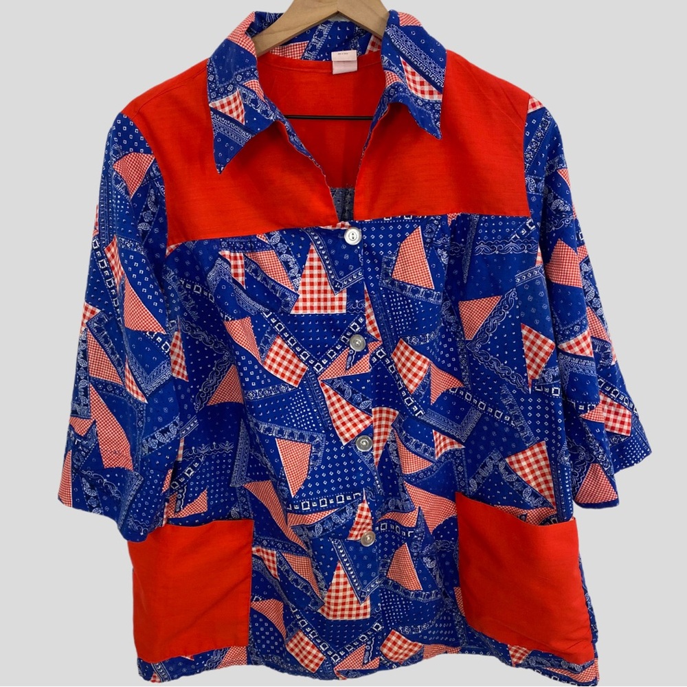 Vintage Red White Blue Bandana Patchwork Cotton Work Shirt